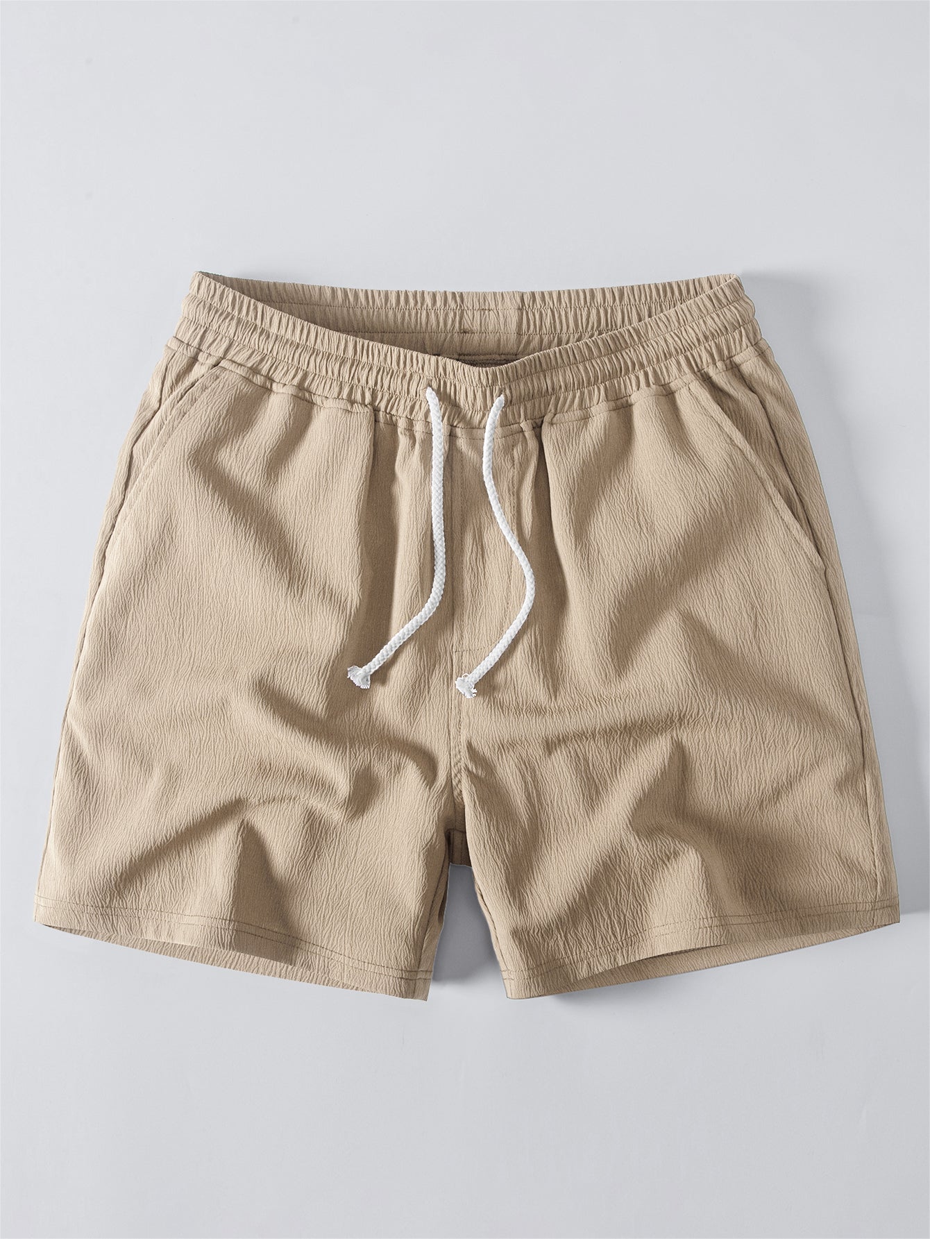 Crochet V Neck Polo Shirt & Crinkle Textured Drawstring 5" Shorts