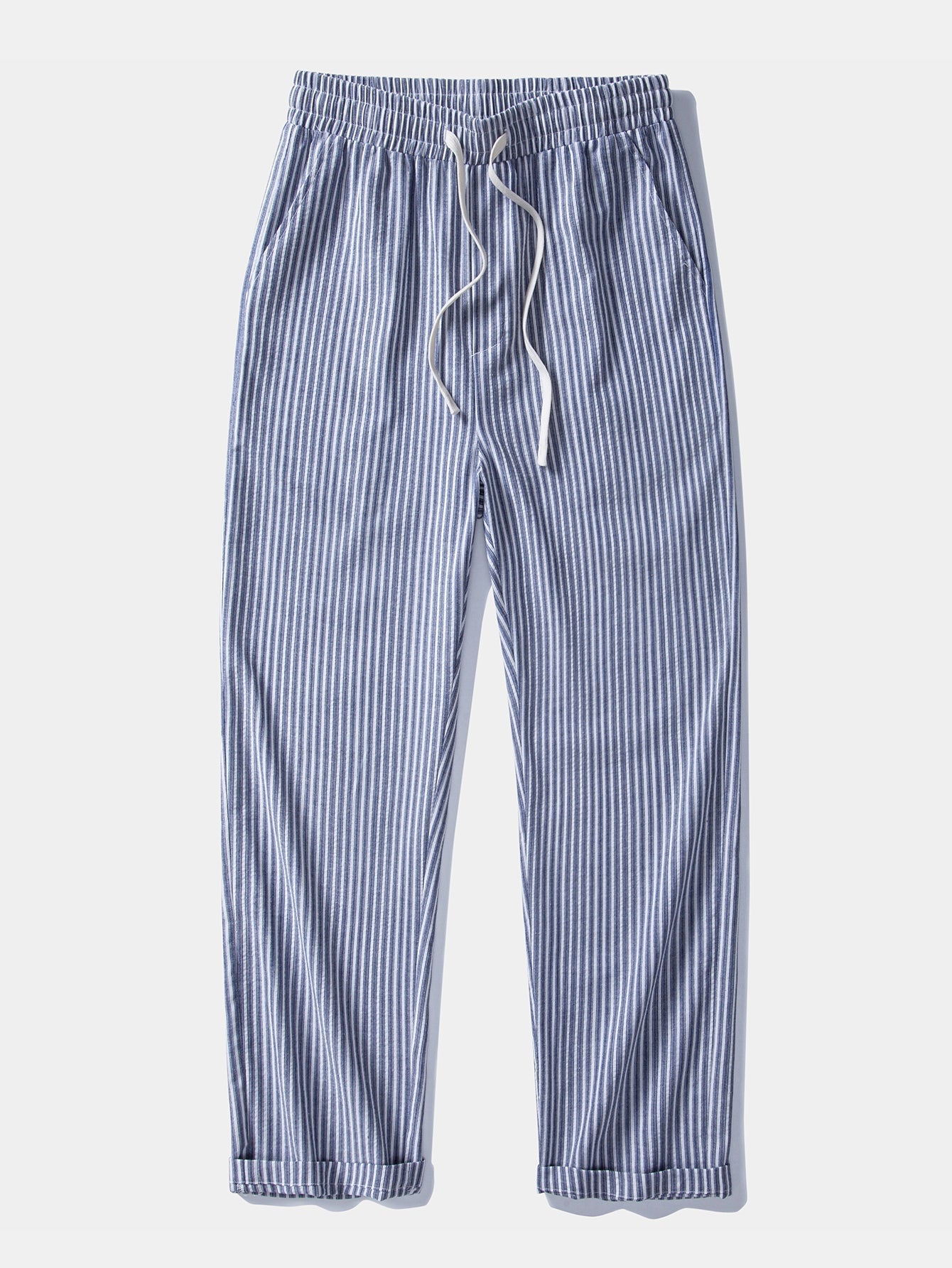 Short Sleeve Linen Look Stand Collar Shirt & Linen Look Stripe Straight Leg Pants